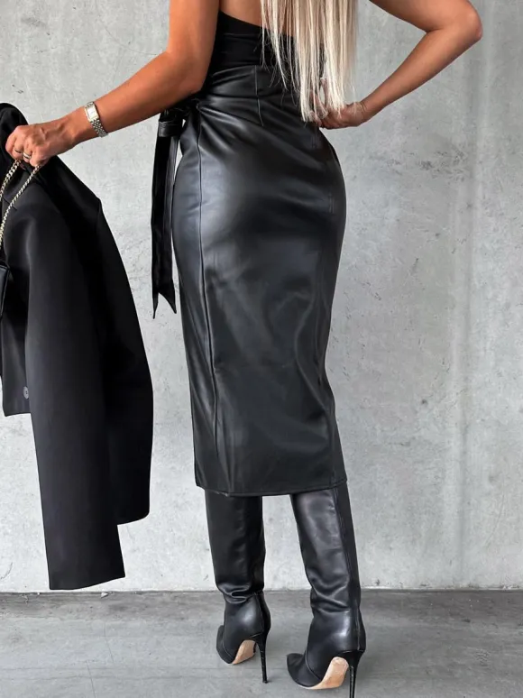 Bow Tie Skirt High Waist Black PU Leather Fall Winter Women Bottoms