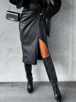 Bow Tie Skirt High Waist Black PU Leather Fall Winter Women Bottoms