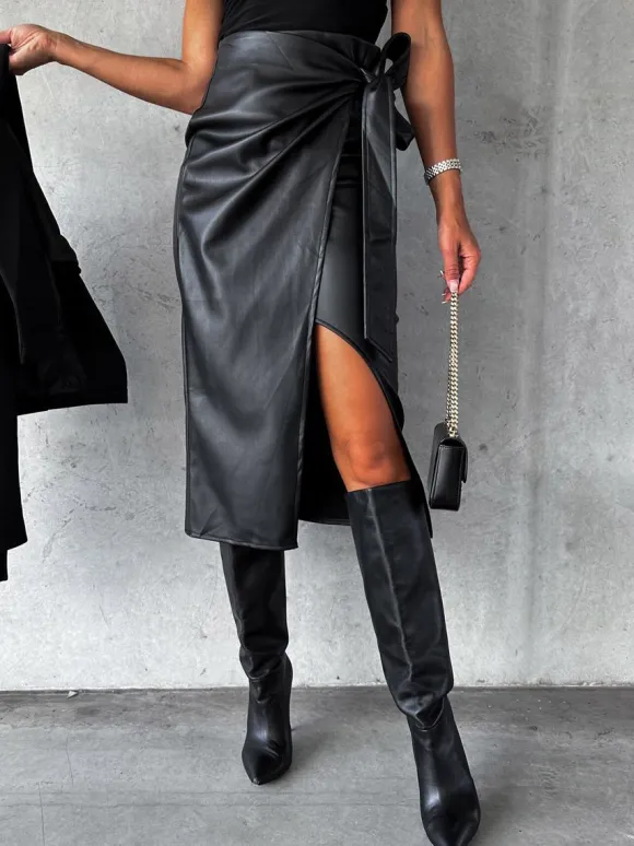 Bow Tie Skirt High Waist Black PU Leather Fall Winter Women Bottoms