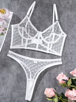 Bra & Panty Sets Black Lace Polka Dot Sheer 2-Piece Sexy Adult's Lingerie