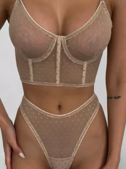 Bra & Panty Sets Black Lace Polka Dot Sheer 2-Piece Sexy Adult's Lingerie