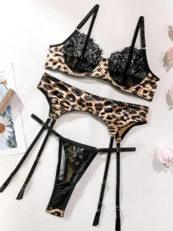 Bra & Panty Sets Black Lace 3-Piece Leopard Print Adult's Sexy Lingerie