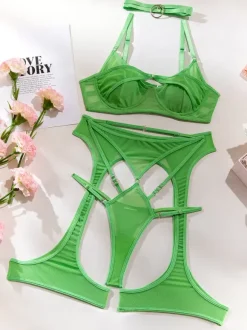 Bra & Panty Sets Grass Green Polyester Cut Out Sexy Adult's Lingerie