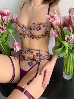 Bra For Woman Purple Floral Print Lace 3-Piece Lingerie Bras