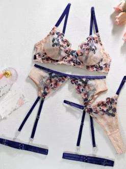 Bra For Woman Purple Floral Print Lace 3-Piece Lingerie Bras