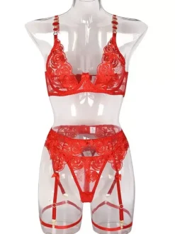 Bra Panty Sets Embroidered Metal Details 3-Piece Sexy Lingerie with Garter Belt