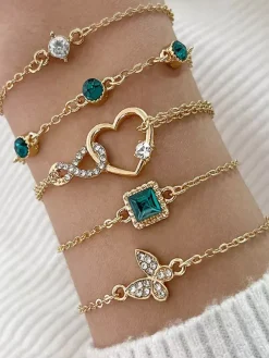Bracelet Butterfly Heart Crystal Rhinestone Layered 5 Pieces Set