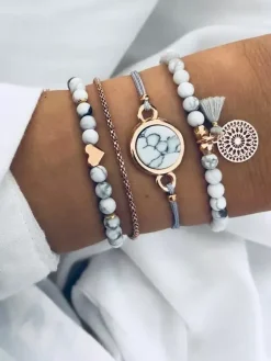 Bracelet For Woman White Tiered Faux Leather Non Stone Round Brilliant Multi-Chain Chain Stone Print Bracelets 4-Piece Set