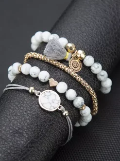 Bracelet For Woman White Tiered Faux Leather Non Stone Round Brilliant Multi-Chain Chain Stone Print Bracelets 4-Piece Set