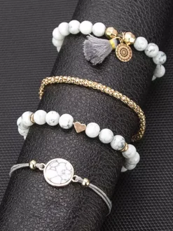Bracelet For Woman White Tiered Faux Leather Non Stone Round Brilliant Multi-Chain Chain Stone Print Bracelets 4-Piece Set