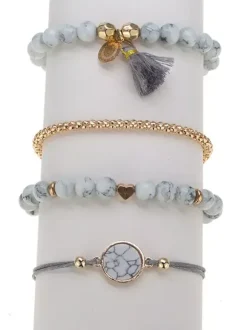 Bracelet For Woman White Tiered Faux Leather Non Stone Round Brilliant Multi-Chain Chain Stone Print Bracelets 4-Piece Set