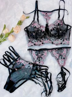 Bra For Woman Black Two-Tone Lace 3-Piece Lingerie Bras