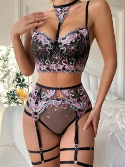 Bra For Woman Black Two-Tone Lace 3-Piece Lingerie Bras