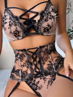 Bra For Woman Black Two-Tone Lace 3-Piece Lingerie Bras