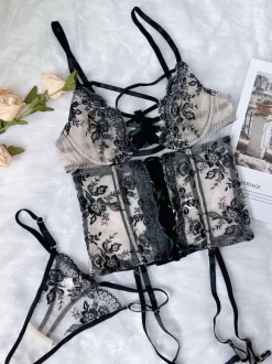 Bra For Woman Black Two-Tone Lace 3-Piece Lingerie Bras