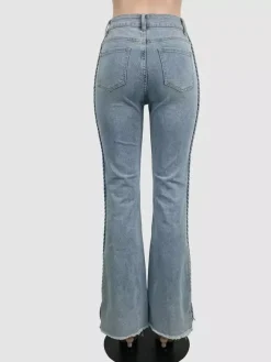 Braided Detail Patch Pocket Flare Jeans For Women - Light Blue Retro Boho High Waisted Bell Bottoms - Spring Vacation 2026