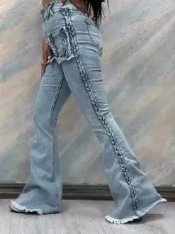 Braided Detail Patch Pocket Flare Jeans For Women - Light Blue Retro Boho High Waisted Bell Bottoms - Spring Vacation 2026