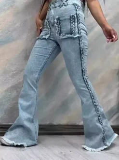 Braided Detail Patch Pocket Flare Jeans For Women - Light Blue Retro Boho High Waisted Bell Bottoms - Spring Vacation 2026