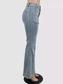 Braided Detail Patch Pocket Flare Jeans For Women - Light Blue Retro Boho High Waisted Bell Bottoms - Spring Vacation 2026