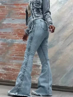 Braided Detail Patch Pocket Flare Jeans For Women - Light Blue Retro Boho High Waisted Bell Bottoms - Spring Vacation 2026