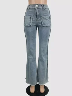 Braided Detail Patch Pocket Flare Jeans For Women - Light Blue Retro Boho High Waisted Bell Bottoms - Spring Vacation 2026
