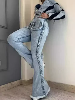 Braided Detail Patch Pocket Flare Jeans For Women - Light Blue Retro Boho High Waisted Bell Bottoms - Spring Vacation 2026