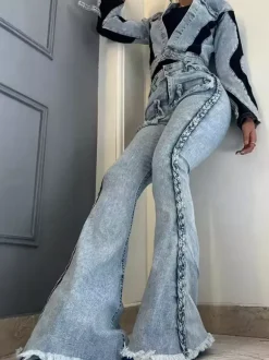 Braided Detail Patch Pocket Flare Jeans For Women - Light Blue Retro Boho High Waisted Bell Bottoms - Spring Vacation 2026