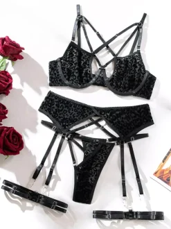 Bra & Panty Sets Black Polyester Cut Out Leopard Print 4-Piece Sexy Adult's Lingerie