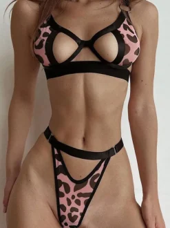 Bra & Panty Sets Pink Cut Out Leopard Print Sheer 4-Piece Sexy Adult's Lingerie