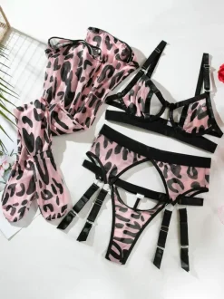 Bra & Panty Sets Pink Cut Out Leopard Print Sheer 4-Piece Sexy Adult's Lingerie