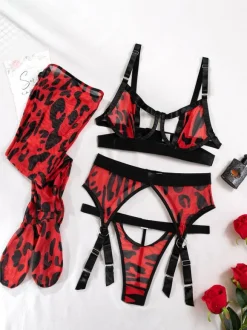 Bra & Panty Sets Pink Cut Out Leopard Print Sheer 4-Piece Sexy Adult's Lingerie