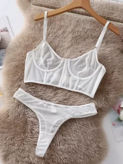 Bra & Panty Sets Silver Polyester Sheer Sexy Adult's Lingerie
