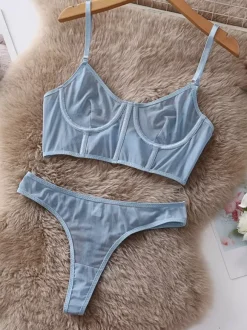 Bra & Panty Sets Silver Polyester Sheer Sexy Adult's Lingerie