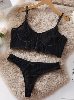 Bra & Panty Sets Silver Polyester Sheer Sexy Adult's Lingerie