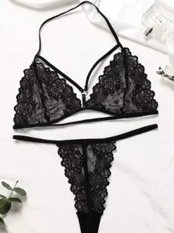 Bras Lingerie Black Eyelash Lace Halter Bralette Thong Set