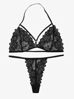 Bras Lingerie Black Eyelash Lace Halter Bralette Thong Set