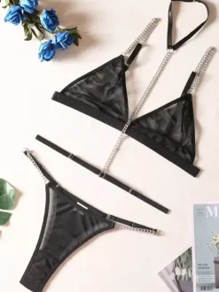 Bras Panty Set Lingerie Women Bra Black Chains Sexy Hot Underwear