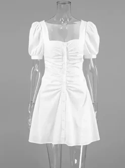 Breathable Cotton Mini Dress Women - White Cottagecore Puff Sleeve Ruched Square Neck - Summer Garden Party Date Night 2026