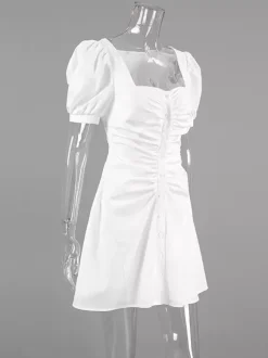 Breathable Cotton Mini Dress Women - White Cottagecore Puff Sleeve Ruched Square Neck - Summer Garden Party Date Night 2026