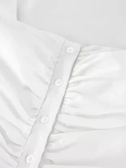 Breathable Cotton Mini Dress Women - White Cottagecore Puff Sleeve Ruched Square Neck - Summer Garden Party Date Night 2026