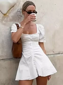 Breathable Cotton Mini Dress Women - White Cottagecore Puff Sleeve Ruched Square Neck - Summer Garden Party Date Night 2026