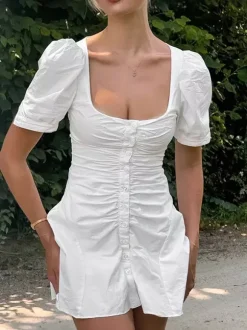 Breathable Cotton Mini Dress Women - White Cottagecore Puff Sleeve Ruched Square Neck - Summer Garden Party Date Night 2026