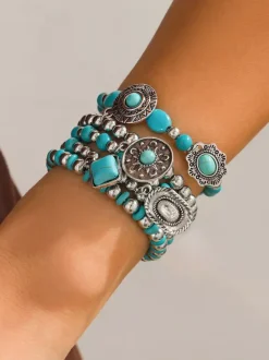 Bridal Bracelet Cyan Blue Metal Layered