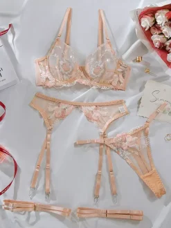 Bridal Flowers Lingerie Floral Print Sexy Black 4-Piece Bra Panty Sets