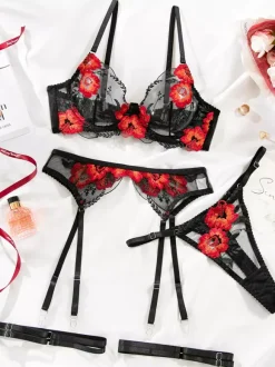 Bridal Flowers Lingerie Floral Print Sexy Black 4-Piece Bra Panty Sets
