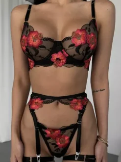 Bridal Flowers Lingerie Floral Print Sexy Black 4-Piece Bra Panty Sets