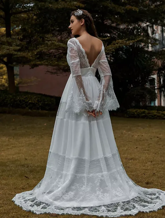 Bridal Gowns Boho Wedding Dress Long Sleeves Lace V-Neck Lace Chiffon Wedding Gowns