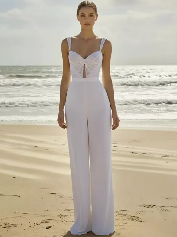 Bridal Jumpsuit 2 Pieces Chiffon Pleated With Train Jumpsuit Sweetheart Neck Sleeveless Natural Waist Ivory