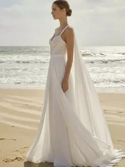 Bridal Jumpsuit 2 Pieces Chiffon Pleated With Train Jumpsuit Sweetheart Neck Sleeveless Natural Waist Ivory