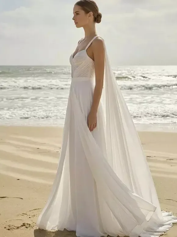 Bridal Jumpsuit 2 Pieces Chiffon Pleated With Train Jumpsuit Sweetheart Neck Sleeveless Natural Waist Ivory